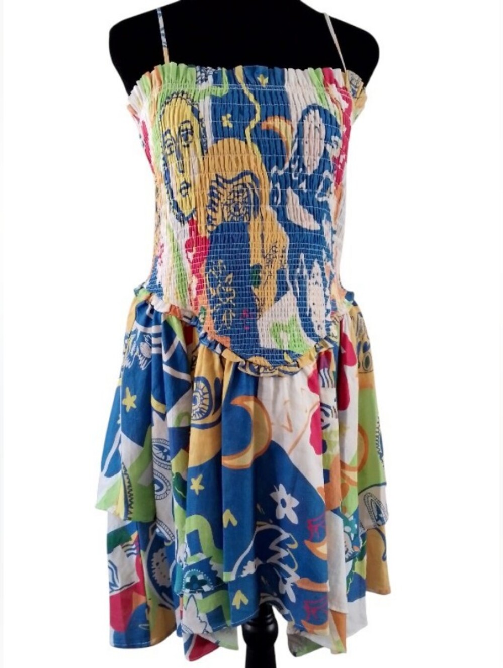 Boho Art To Wear Mini Sundress Smocked Novelty Medium Abstract Whimsical New